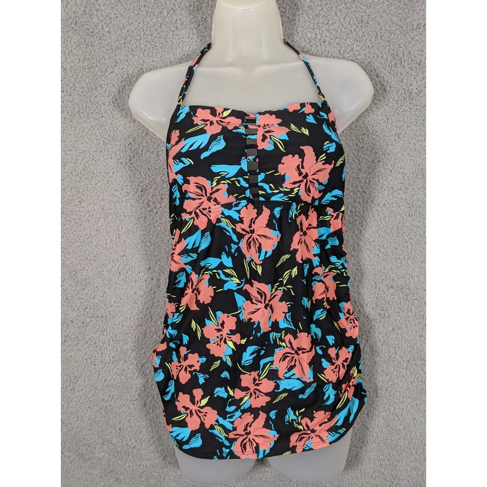 PinkBlush Maternity Halter Tankini Top Sz L Black Floral Strappy Back Tropical